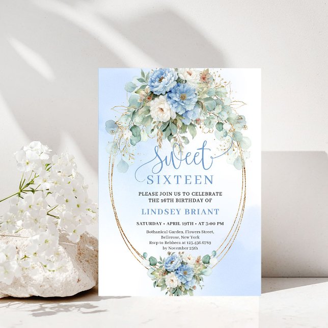 Invitación Luxury Dusty Blue Peonies Gold Sweet Sixteen Party (Luxury Dusty Blue Peonies Sweet Sixteen Party Invite)