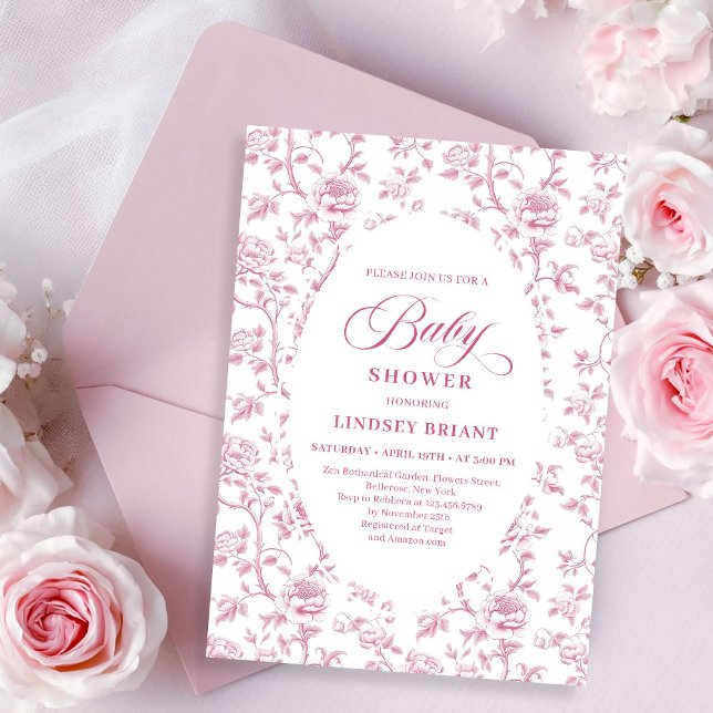 Invitación Luxury Dusty Rose Floral Toile Baby Shower Invite (Luxury Dusty Rose Floral Toile Baby Shower Invitation)