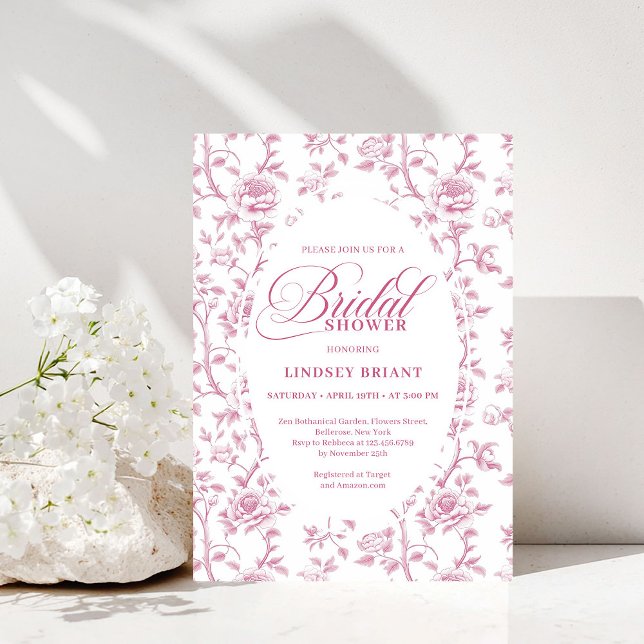 Invitación Luxury Dusty Rose Floral Toile Bridal Shower Invit (Luxury Dusty Rose Floral Toile Bridal Shower Invitation)