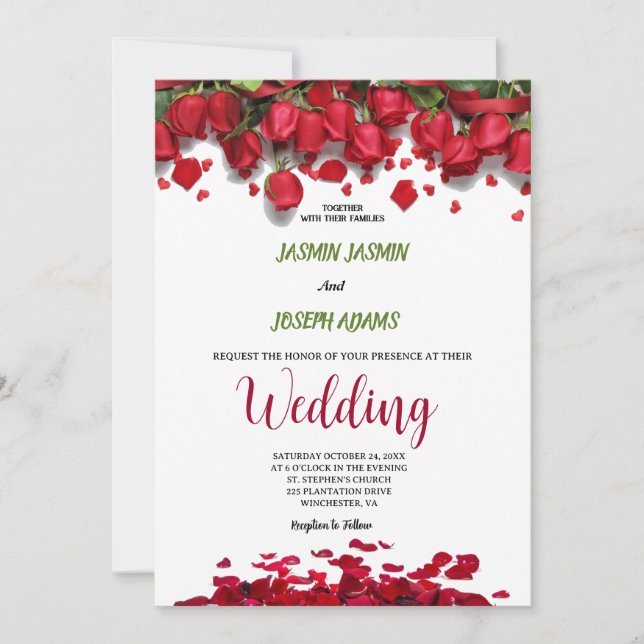 Invitación Luxury Elegant Red Roses Wedding  (Anverso)