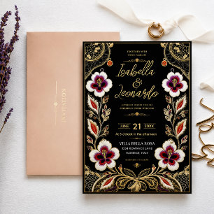 Invitación Luxury Embroidered Floral Black and Gold Elegant 