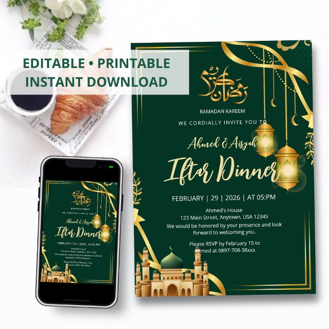 Invitación Luxury Emerald Green and Gold Mosque Iftar Dinner (Subido por el creador)