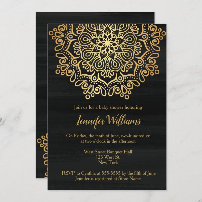 Invitación Luxury Faux Gold Mandala Black Baby Shower (Anverso / Reverso)