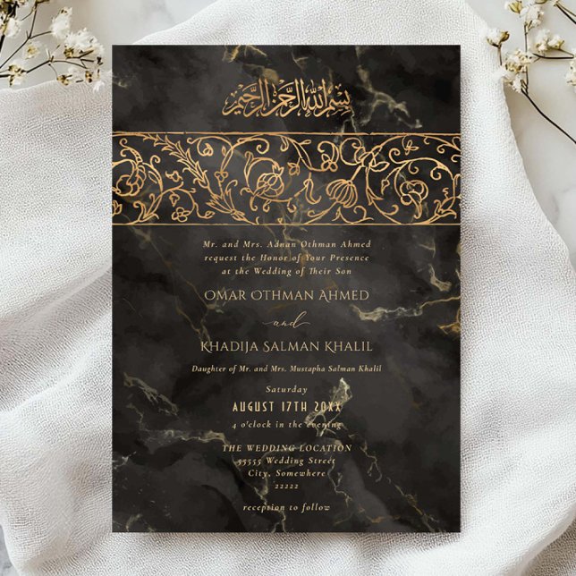 Invitación Luxury Floral Gold Black Marble Islamic Wedding (Subido por el creador)