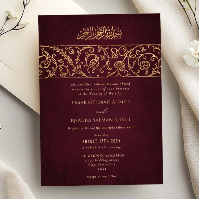 Invitación Luxury Floral Gold Burgundy Islamic Muslim Wedding (Subido por el creador)
