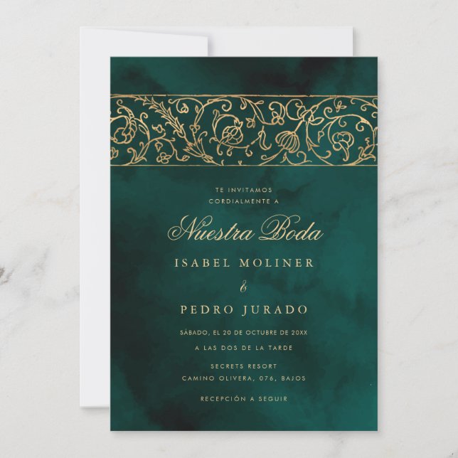 Invitación Luxury Floral Gold & Green Nuestra Boda Wedding (Anverso)