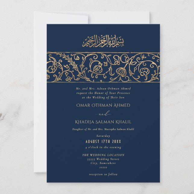 Invitación Luxury Floral Gold Navy Blue Islamic Wedding (Anverso)