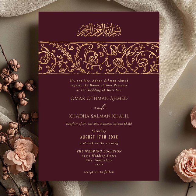 Invitación Luxury Floral Gold Red Maroon Islamic Wedding (Subido por el creador)