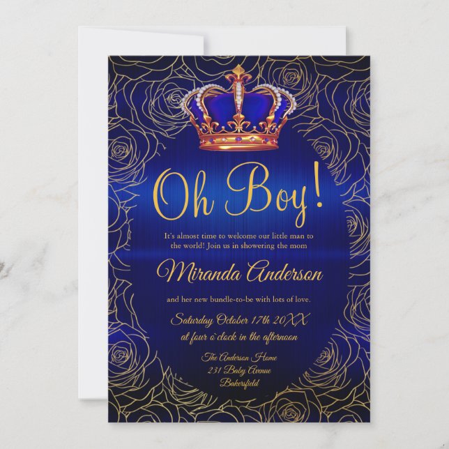 Invitación Luxury Floral Gold Royal Blue Baby Shower (Anverso)