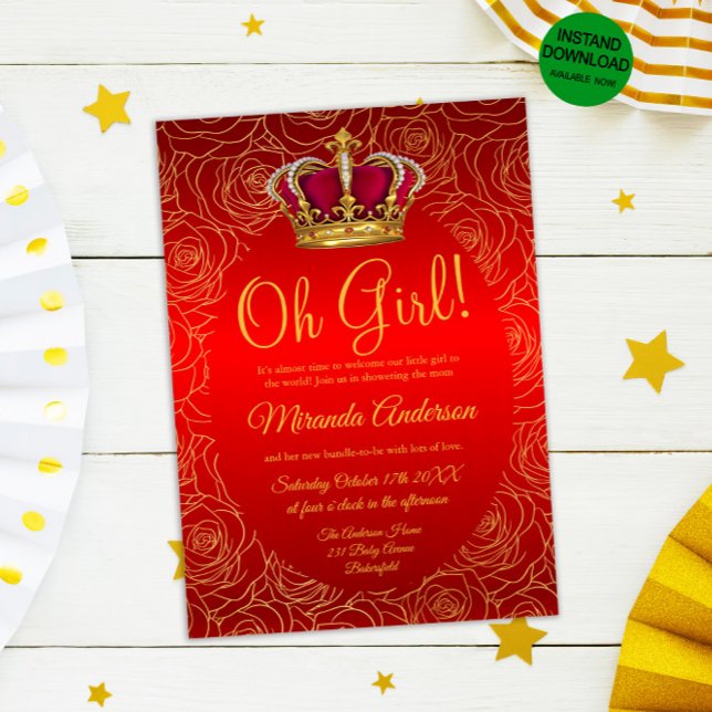 Invitación Luxury Floral Gold Royal Red Baby Shower (Subido por el creador)