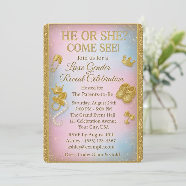 Invitación Luxury Gender Reveal Invitation with Gold Glitter (Anverso de pie)