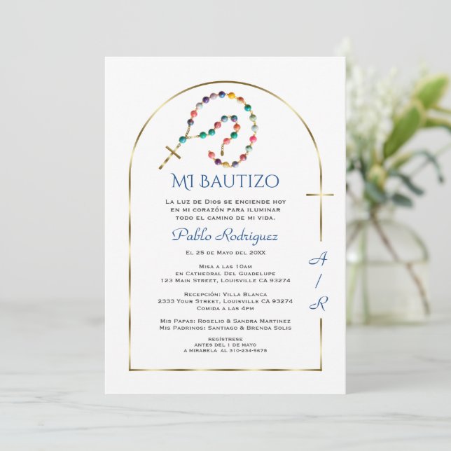 Invitación Luxury Gold Arch Rosary Boy Monogram Bautizo (Anverso de pie)