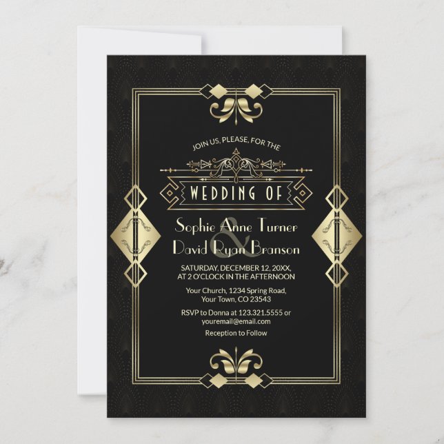 Invitación Luxury Gold Black Art Deco Fleur-de-Lis Boda (Anverso)