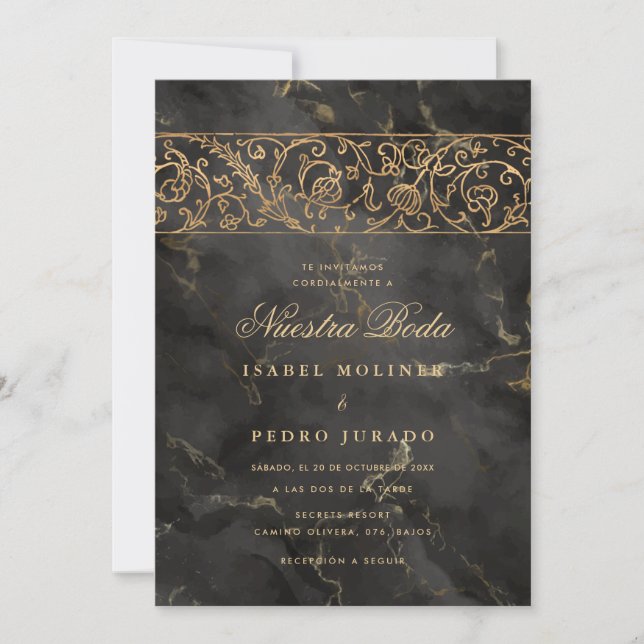Invitación Luxury Gold Black Marble Nuestra Boda Wedding (Anverso)