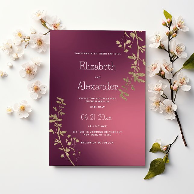 Invitación Luxury gold burgundy floral gradient Wedding (Luxury gold burgundy floral gradient Wedding )