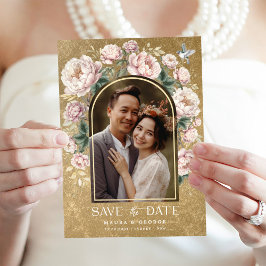 Invitación Luxury Gold Chinoiserie Floral Photo Save the Date