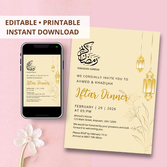 Invitación Luxury Gold Floral & Elegant Lanterns Iftar Dinner (Subido por el creador)