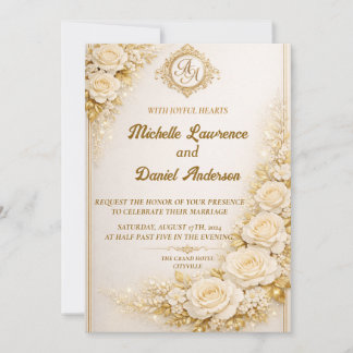 Invitación Luxury Gold Floral Wedding with Monogram