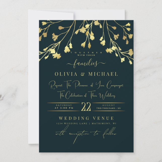 INVITACIÓN LUXURY GOLD FLORALS ABSTRACT GOLDEN RELIEVE METALI (Anverso)