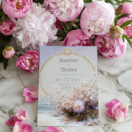 Invitación Luxury Gold Frame Beach Floral Pastel Sun Wedding