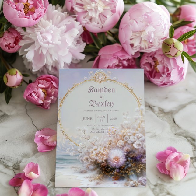 Invitación Luxury Gold Frame Beach Floral Pastel Sun Wedding (Subido por el creador)