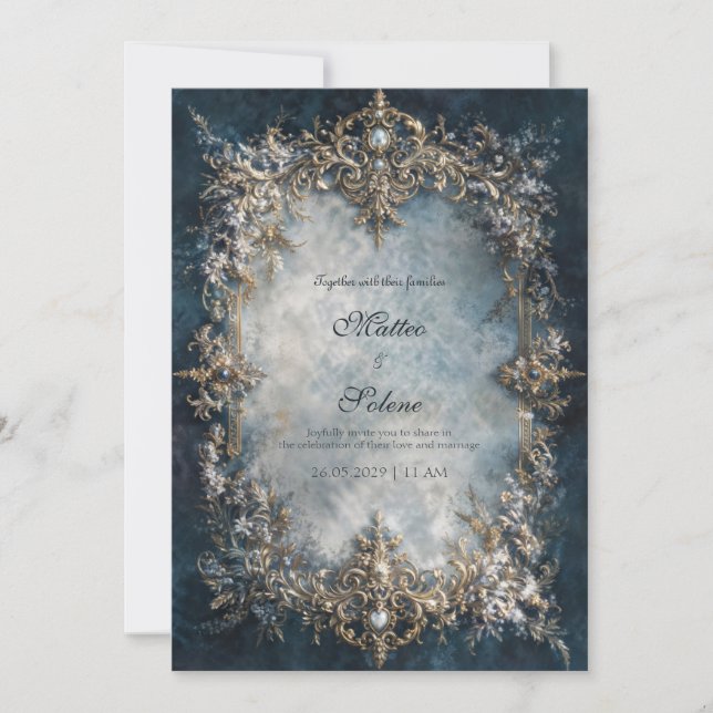 Invitación Luxury Gold Frame Dark Teal Floral Baroque Wedding (Anverso)