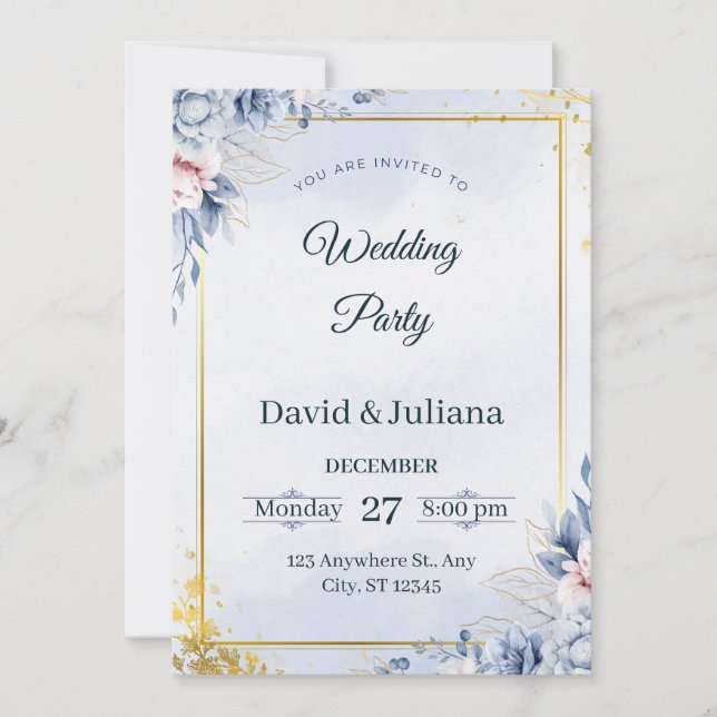 Invitación Luxury Gold Frame Navy Blue Floral Wedding Invitat (Anverso)