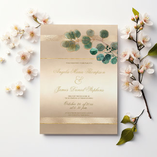 Invitación Luxury gold green eucalyptus leaves wedding