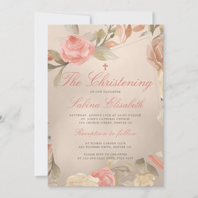 Invitación Luxury Gold Peach Cream Floral Christening (Anverso)