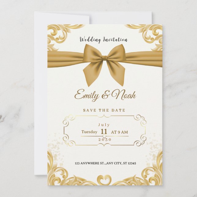 Invitación Luxury Gold Ribbon & Bow Elegant Wedding Invite (Anverso)