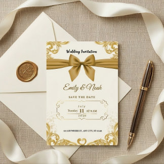 Invitación Luxury Gold Ribbon & Bow Elegant Wedding Invite