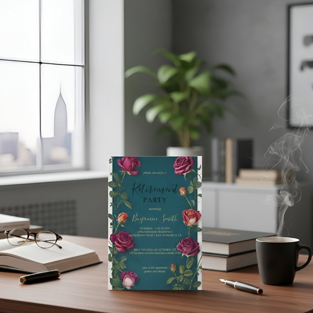 Invitación Luxury Gold Text Dark Turquoise Rose Retirement In (Subido por el creador)