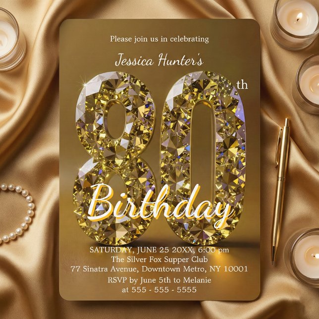 Invitación Luxury Gold Yellow Diamond Gemstone 80th Birthday (Subido por el creador)