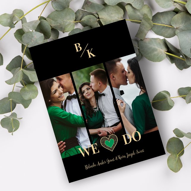 Invitación Luxury Green Heart Lace Gold Effect 3 Multi Photos (Luxury Green Heart Fake Lace Golden Effect Simple Classic 3 Photos Collage Wedding Invitation.)