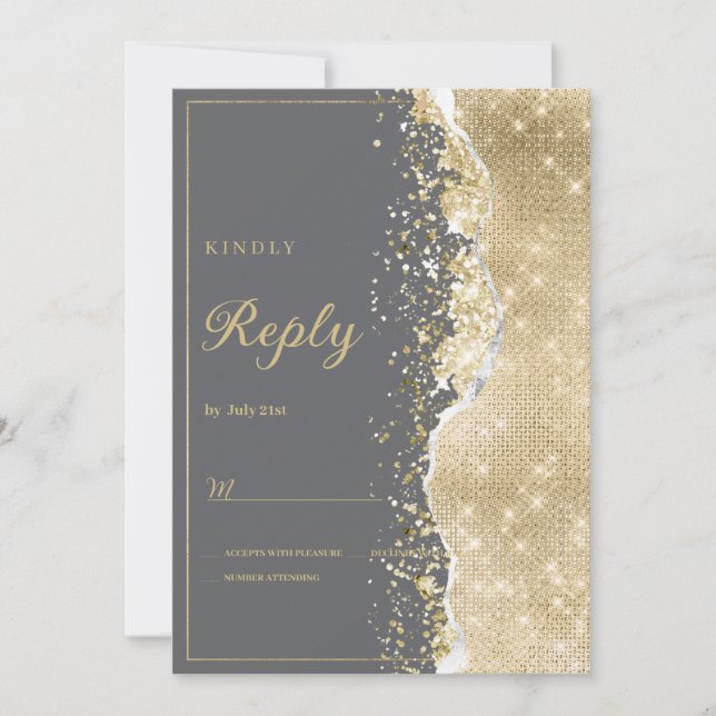 Invitación Luxury grey gold glitter classy RSVP  (Anverso)