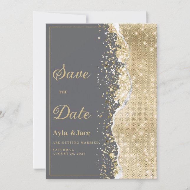 Invitación Luxury grey gold glitter classy Save the Date  (Anverso)