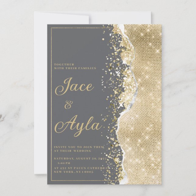Invitación Luxury grey gold glitter classy Wedding (Anverso)