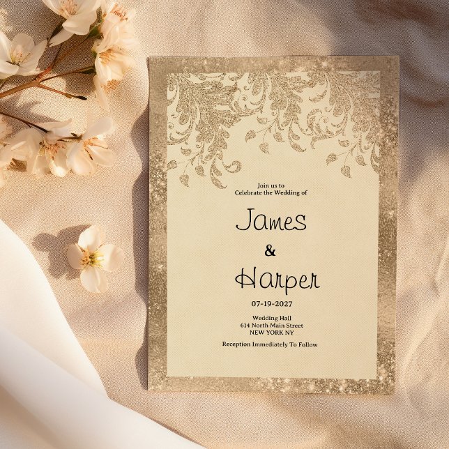 Invitación Luxury ivory gold glitter lace floral Wedding (Luxury ivory gold glitter lace floral Wedding )