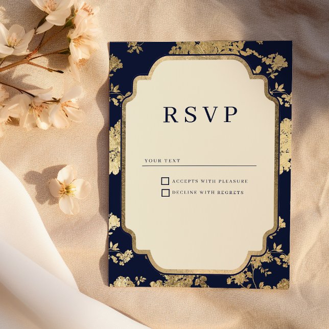 Invitación Luxury ivory navy blue gold floral RSVP (Luxury ivory navy blue gold floral RSVP )