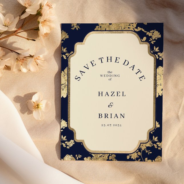 Invitación Luxury ivory navy blue gold floral Save the Date  (Luxury ivory navy blue gold floral Save the Date)