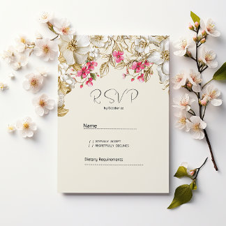 Invitación Luxury ivory pink white gold flowers RSVP 