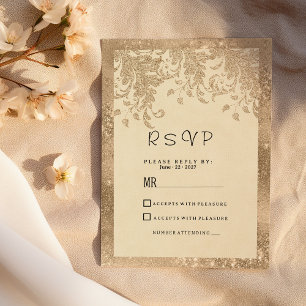 Invitación Luxury marfil dorado brillo encaje floral RSVP