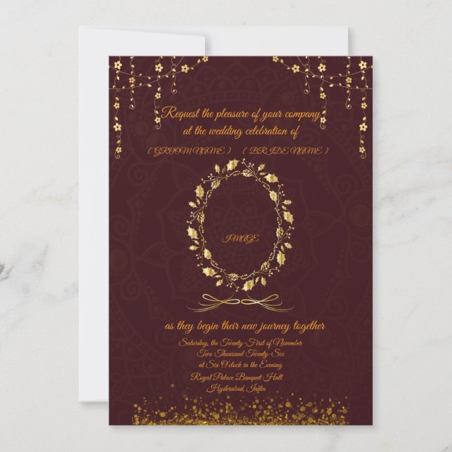 Invitación Luxury Maroon Gold Wedding Invitation | (Anverso)