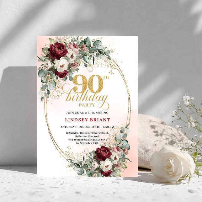 Invitación Luxury Maroon Peonies Eucalyptus 90th Birthday  (Luxury Maroon Peonies Eucalyptus 90th Birthday Invite)