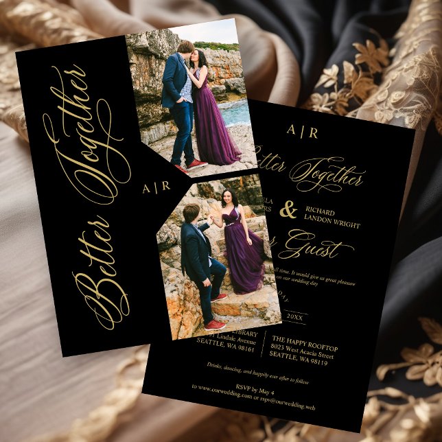 Invitación Luxury Modern 2 Photos Collage Golden Whimsical (Luxury Modern 2 Photos Collage Golden Whimsical Wedding Invitation Card with Envelope.)