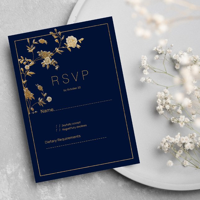 Invitación Luxury modern gold floral navy blue RSVP (Luxury modern gold floral navy blue RSVP)