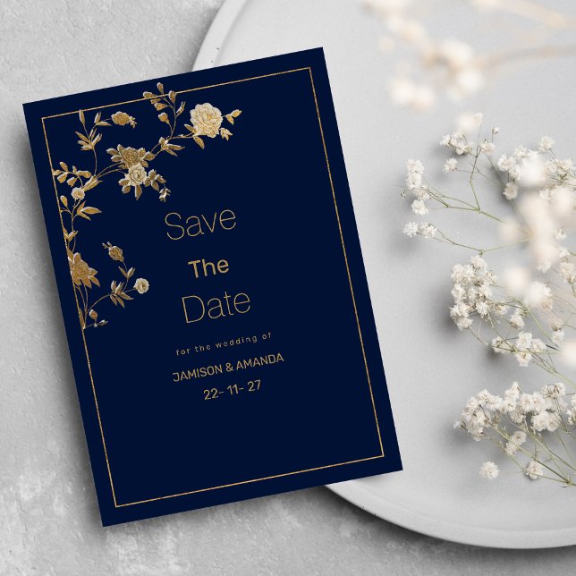 Invitación Luxury modern gold floral navy blue Save The Date (Luxury modern gold floral navy blue Save The Date)