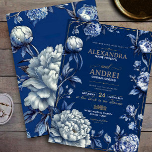 Invitación Luxury Navy Blue and Gold Elegant Floral Chinoiser