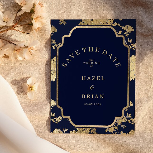 Invitación Luxury navy blue and gold floral Save the Date (Luxury navy blue and gold floral Save the Date )