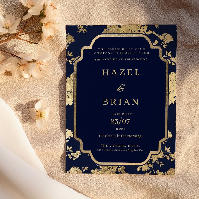 Invitación Luxury navy blue and gold floral Wedding (Luxury navy blue and gold floral Wedding )
